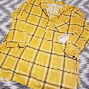 Size 2x Mustard Yellow Plaid Button Blouse NWT